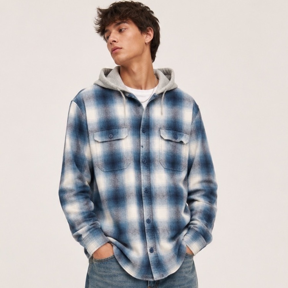 Aeropostale Mens Blue Plaid Hooded Flannel Shirt Long Sleeve Size M Button Up